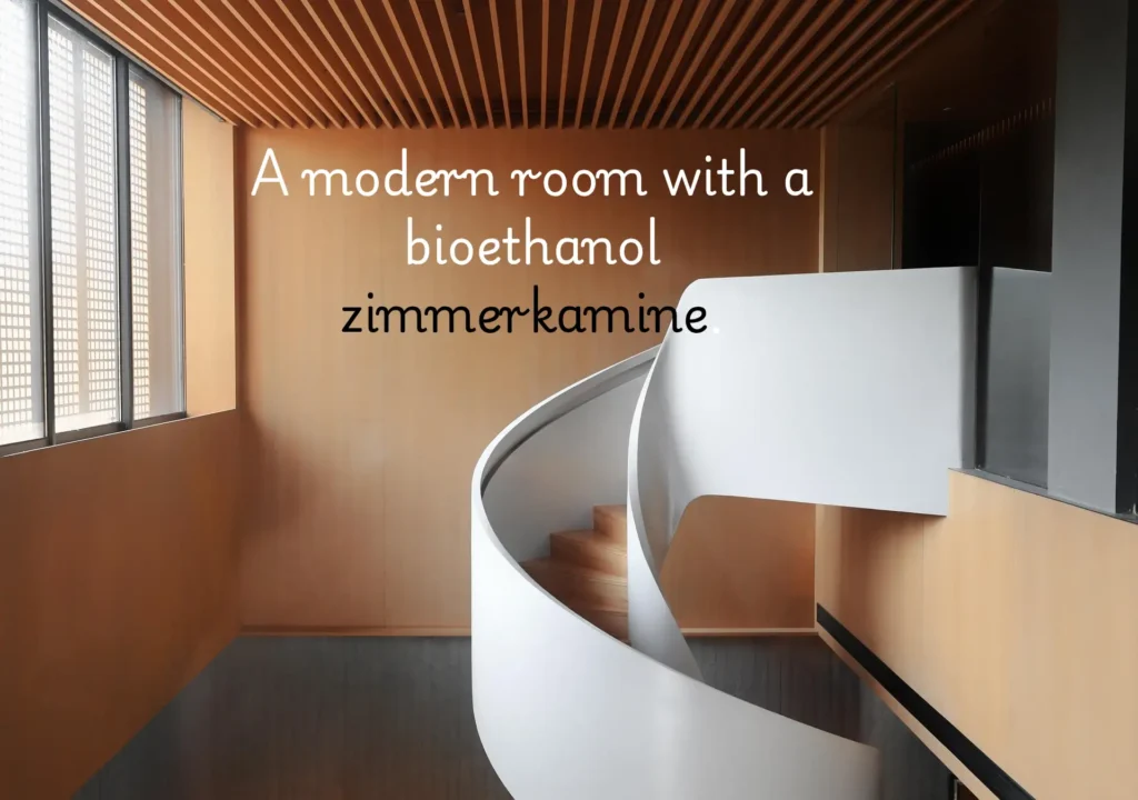 A modern, bright living room with a sleek black freestanding bioethanol zimmerkamine burning a bright real flame. No chimney, no smoke.