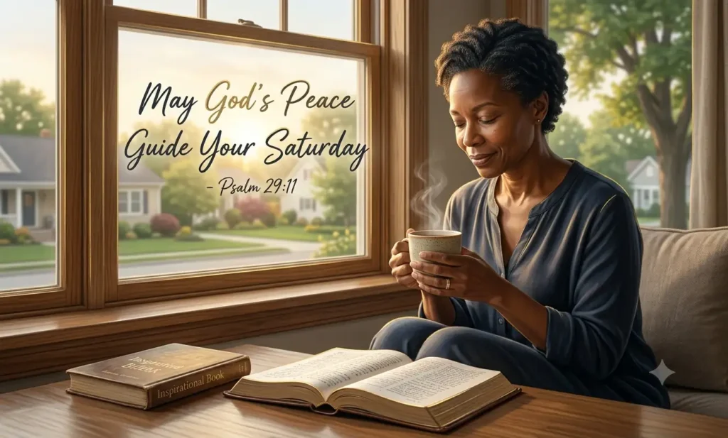 African American woman praying on Saturday morning with Bible, coffee, and sunrise light.